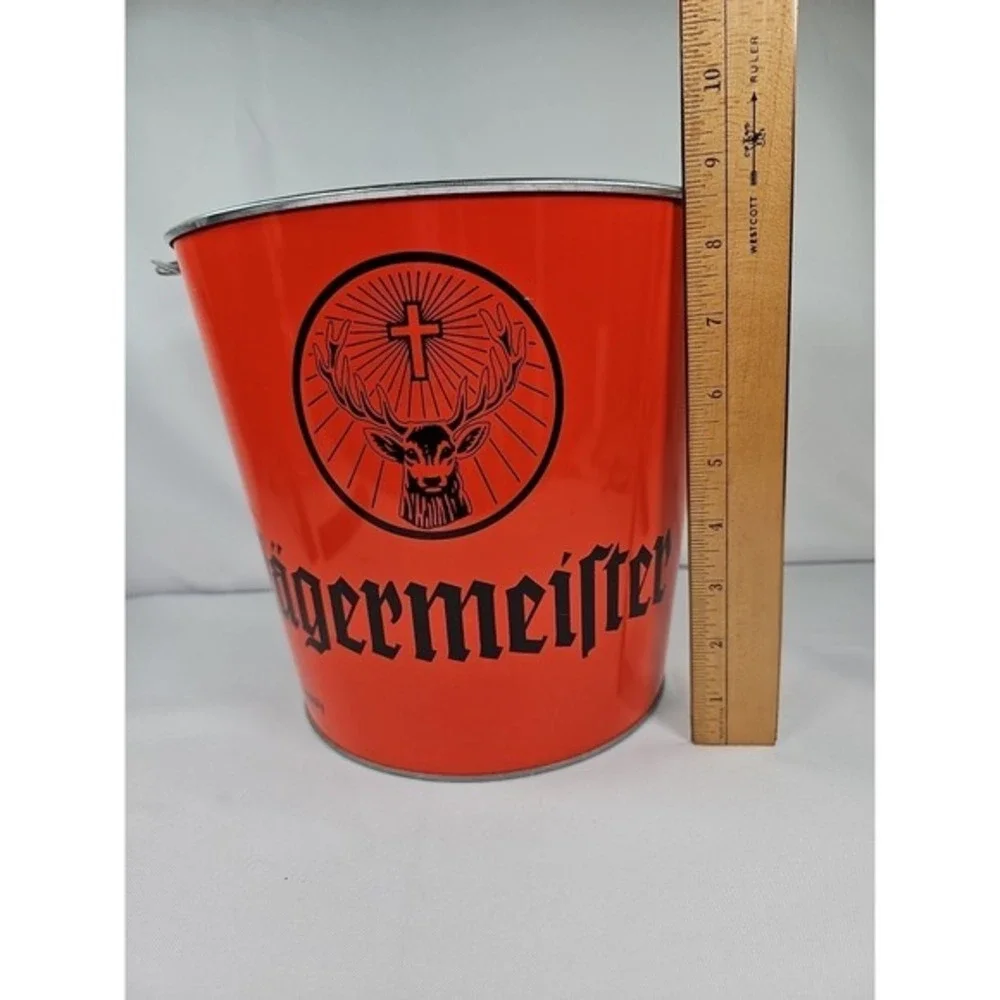 Vintage Collectible Jagermeister Ice Bucket Orange Metal Handle Barware Man Cave